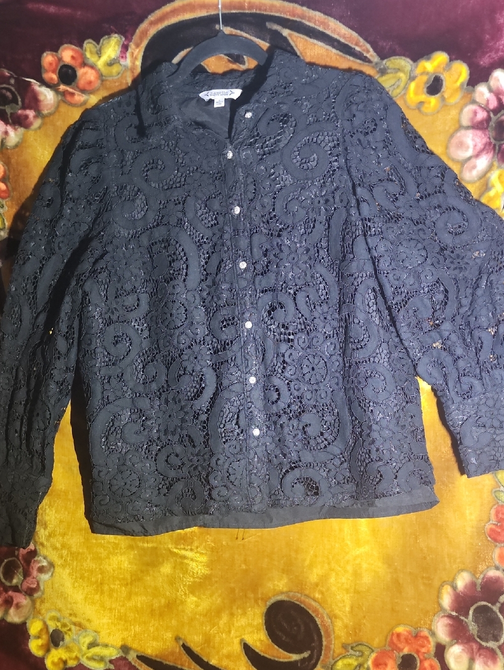 Nanette Lepore Black Lace Button-Down Shirt With Sparkly Buttons
